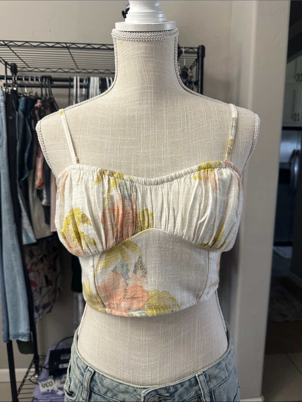 American Eagle Floral Ruched Bust Cami Top - White with Pastel Floral